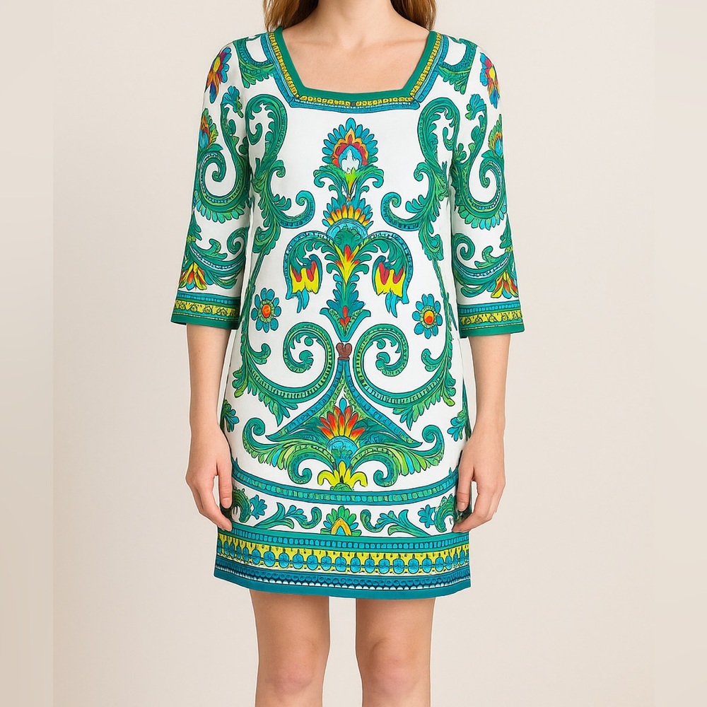 Laundry by Shelli Segal green‎ white floral print dress, women size 4